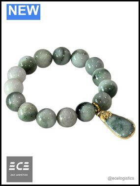 Two-Tone Green Burmese Jade Bracelet Stretch Elastic Gold Charm Feng Shui Luck
